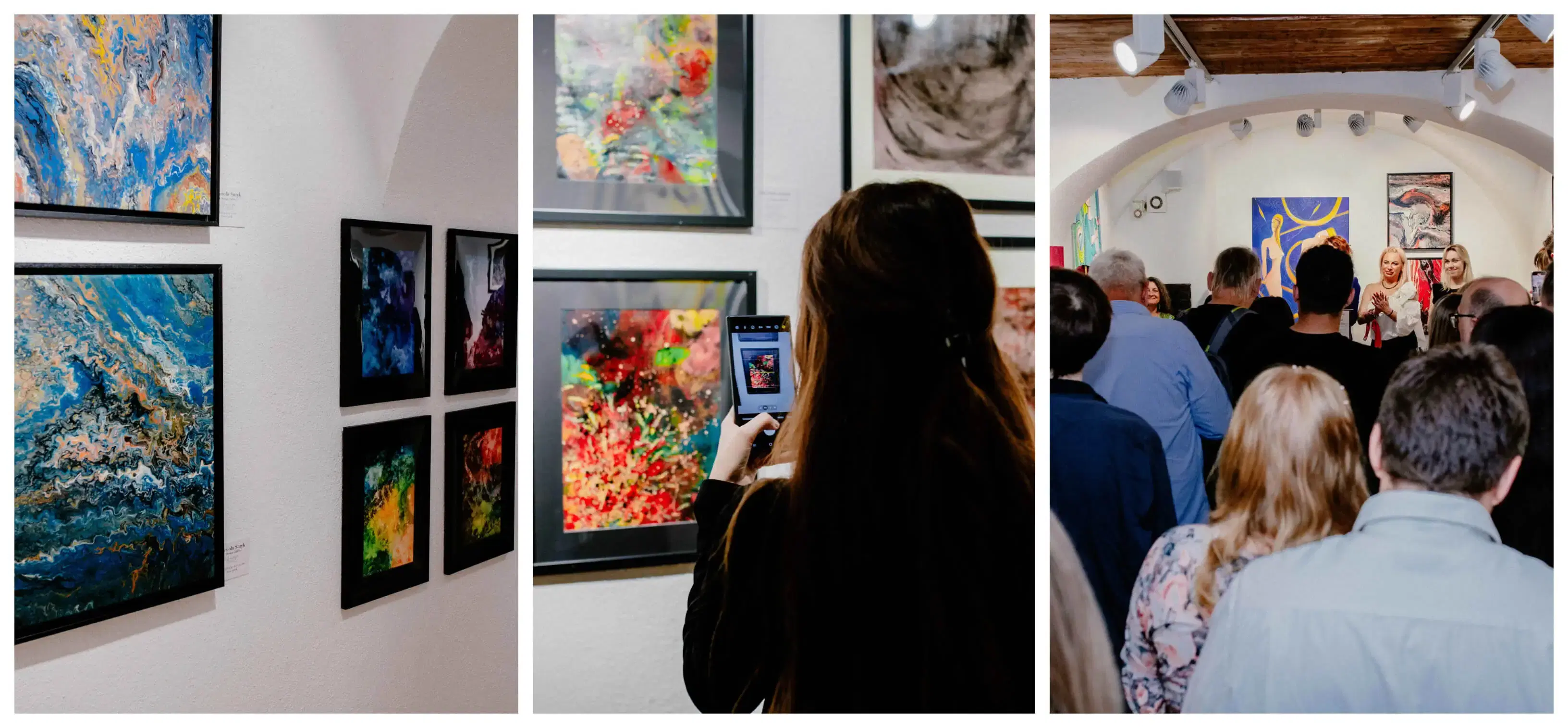 Assortment of Acrylic Art, Pouring Artwork, Textile Design Products, Apaszki Scarves, and Pareo in Gallery Showcase