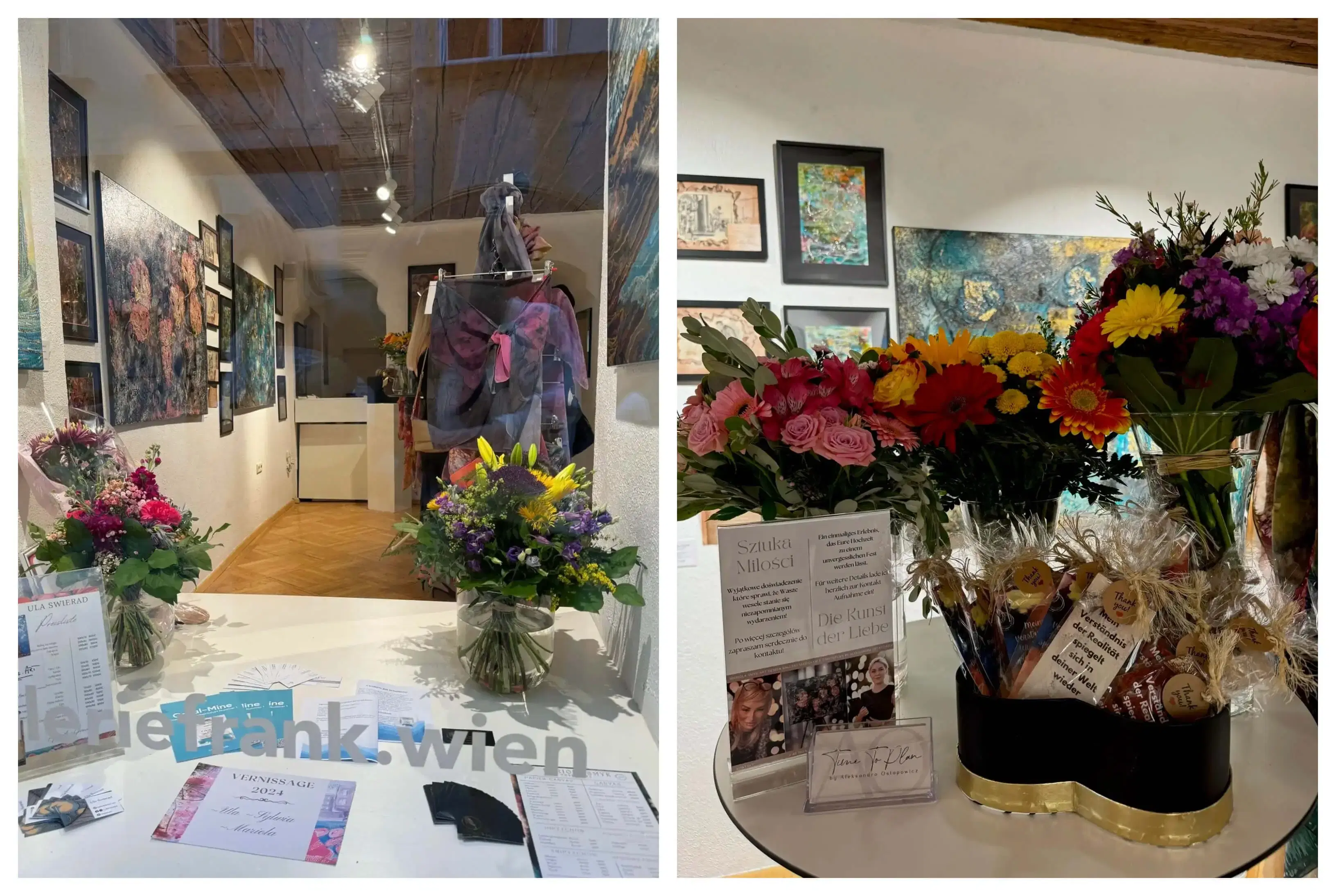 Assortment of Acrylic Art, Pouring Artwork, Textile Design Products, Apaszki Scarves, and Pareo in Gallery Showcase