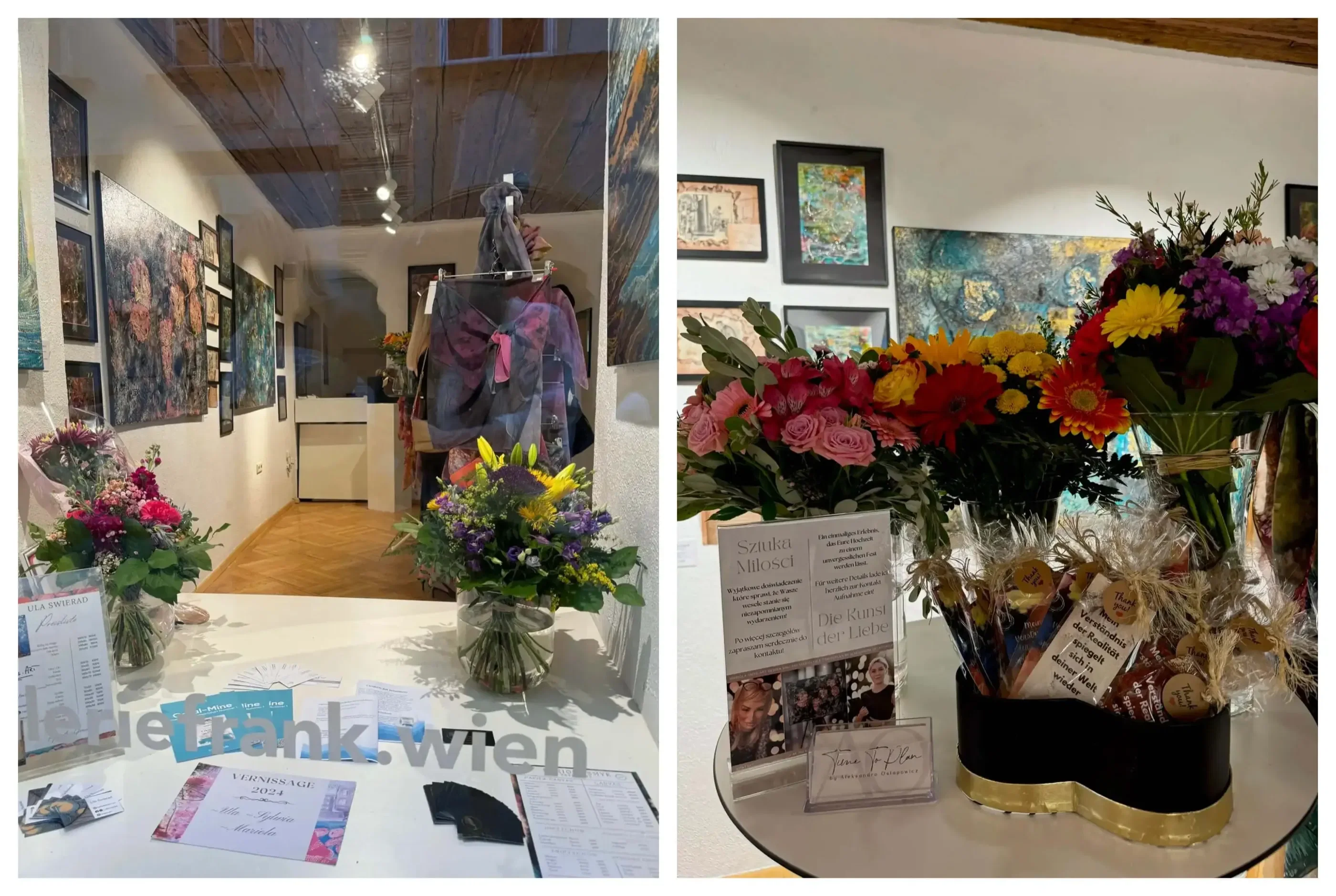 Assortment of Acrylic Art, Pouring Artwork, Textile Design Products, Apaszki Scarves, and Pareo in Gallery Showcase