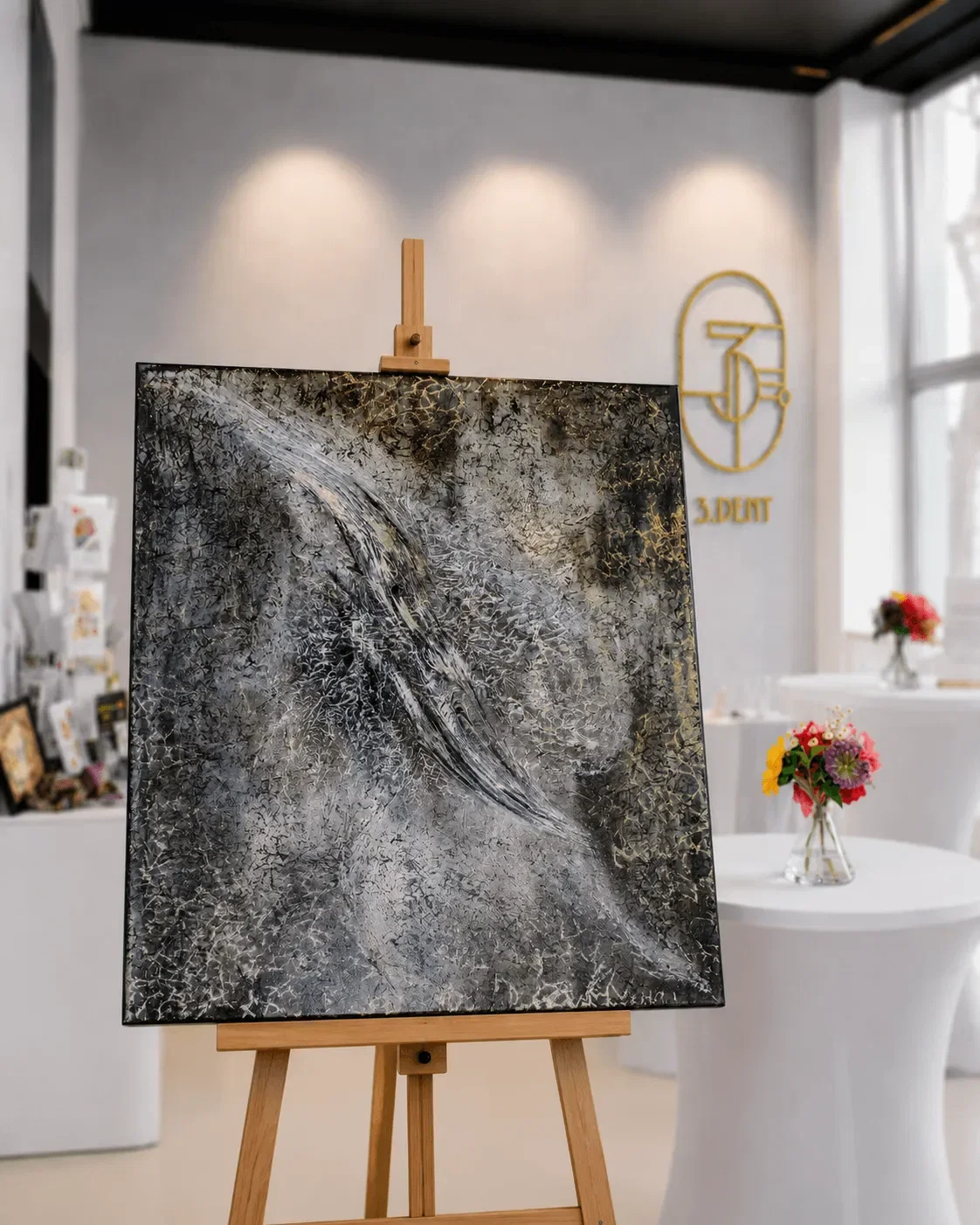 Assortment of Acrylic Art, Pouring Artwork, Textile Design Products, Apaszki Scarves, and Pareo in Gallery Showcase